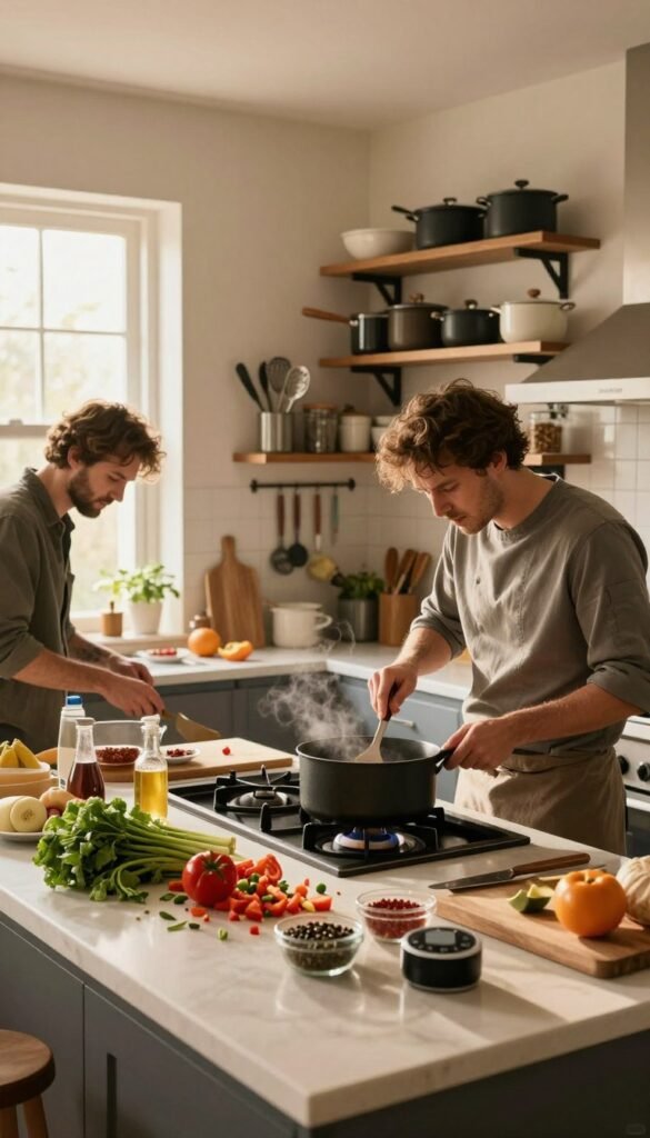 A bustling kitchen scene illustrating the chaos of everyday cooking, with warm, natural lighting creating a cozy atmosphere. In the foreground, a spacious kitchen island cluttered with ingredients: chopped vegetables, spices, and cutting boards. There's a professional chef in modest clothing, looking slightly overwhelmed while multitasking - stirring a pot on the stove and checking a timer. In the middle, organized shelves display neatly arranged cooking utensils and pots from the brand "Ordnungskiste," capturing a sense of order amidst the busy environment. In the background, a window reveals soft morning light streaming in, enhancing the room's warm colors. The mood reflects a blend of stress and determination typical of daily kitchen routines, evoking an authentic Pinterest-style look.