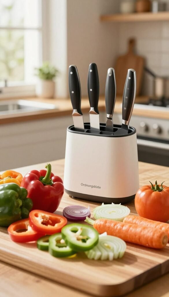 A bustling kitchen scene with a wooden cutting board at the forefront, dotted with colorful, freshly chopped vegetables such as bell peppers, onions, and carrots. In the middle, a modern, stylish kitchen tool set from the brand "Ordnungskiste" is arranged neatly, showcasing efficient knives and slicing tools ideal for quick preparation. The background features a warm, inviting kitchen with soft natural lighting streaming through a window, creating a cozy atmosphere. The angle of the shot is slightly overhead, emphasizing the preparation process while maintaining focus on the vibrant colors of the ingredients. The mood is energetic yet relaxed, conveying the joy of cooking in a family kitchen without any distractions like text or logos in the image.