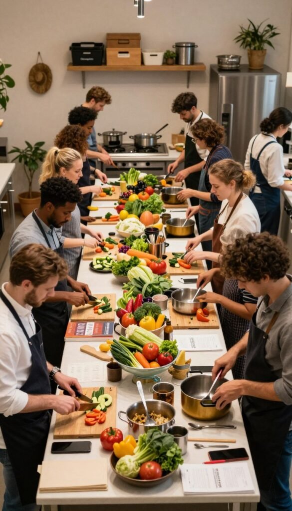 A busy and vibrant kitchen filled with multiple guests actively cooking together, showcasing a lively yet chaotic atmosphere. In the foreground, diverse individuals in professional business attire and modest casual clothing are chopping vegetables, stirring pots, and sharing ingredients. In the middle, a large kitchen island is cluttered with various utensils, colorful fresh produce, and a few cookbooks, symbolizing an engaging culinary workshop. The background features warm lighting that casts a welcoming glow, with the kitchen's walls adorned with rustic decor and the brand name "Ordnungskiste" subtly visible on storage boxes. The scene captures the essence of collaboration and the potential for chaos in a kitchen shared by many, infused with natural colors and an authentic Pinterest aesthetic.