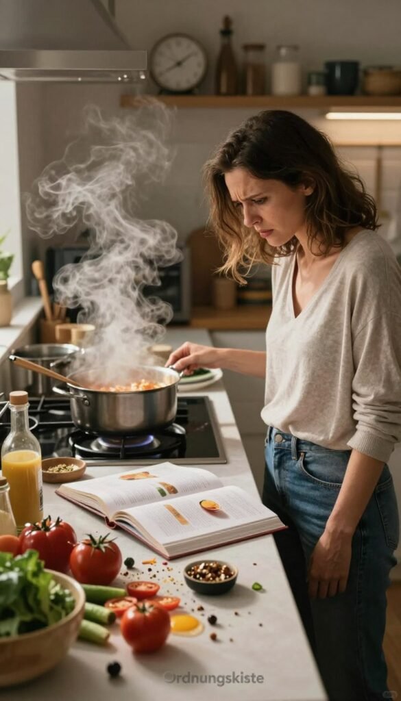 A busy kitchen scene capturing the essence of stress associated with cooking. In the foreground, a woman in modest casual clothing stands at a cluttered kitchen counter, her expression a mix of frustration and overwhelm, surrounded by a chaotic array of cooking utensils, vegetables, and spilled ingredients. In the middle ground, multiple pots simmer on the stove, steam rising dramatically, while an open cookbook lies askew with messy pages. The background reveals a dimly lit kitchen space, enhancing the feeling of pressure, with warm lighting highlighting the clutter. Incorporate subtle elements like a clock ticking and a half-prepared meal to create a sense of urgency. The scene embodies natural colors with a Pinterest aesthetic, ensuring authenticity and warmth without any text or overlays. Include a brand logo for "Ordnungskiste" subtly in the corner, emphasizing organization amidst the chaos.