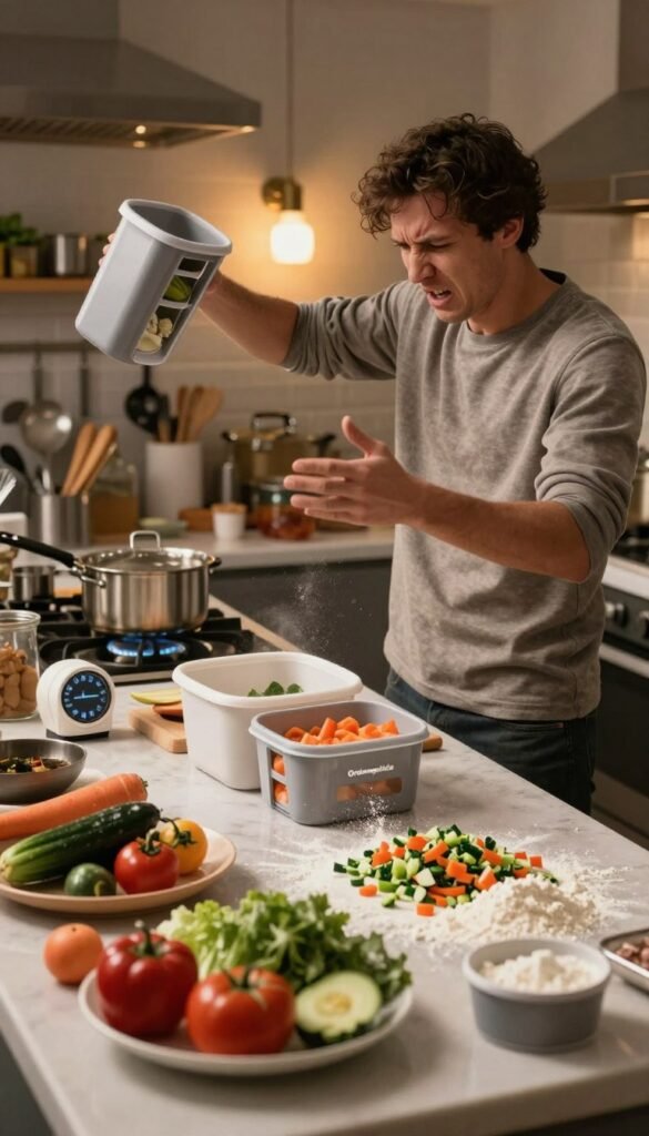 A busy kitchen scene depicting a chaotic cooking environment, focusing on a professional chef in modest casual clothing, looking stressed while juggling multiple tasks. In the foreground, ingredients like chopped vegetables and spilled flour create a sense of urgency. The middle ground showcases a cluttered countertop filled with cooking utensils, pots on the stove, and a timer beeping loudly. In the background, warm lighting illuminates the room, creating an inviting atmosphere despite the chaos. A brand name "Ordnungskiste" is subtly placed on one of the kitchen organizing containers. The overall mood is one of tension mixed with a hint of warmth, capturing a relatable and authentic cooking moment.