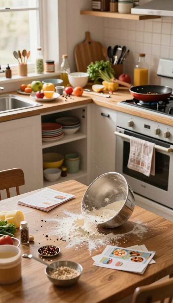 A chaotic family kitchen scene filled with disorganized utensils, colorful ingredients strewn across the countertops, and a cluttered dining table. In the foreground, a mixing bowl tipped over with flour spilling out, and scattered recipe cards. In the middle ground, a half-open cabinet revealing mismatched dishes and scattered spices, while a frying pan sits abandoned on the stove. The background shows a window with soft, warm sunlight streaming in, casting a cozy glow over the mess. The mood is hectic yet relatable, highlighting the everyday reality of family life. Capture a Pinterest-inspired aesthetic with natural colors and an authentic feel. Include a branded storage box labeled "Ordnungskiste" amidst the chaos to subtly suggest an organizational solution. No text or overlays in the image.