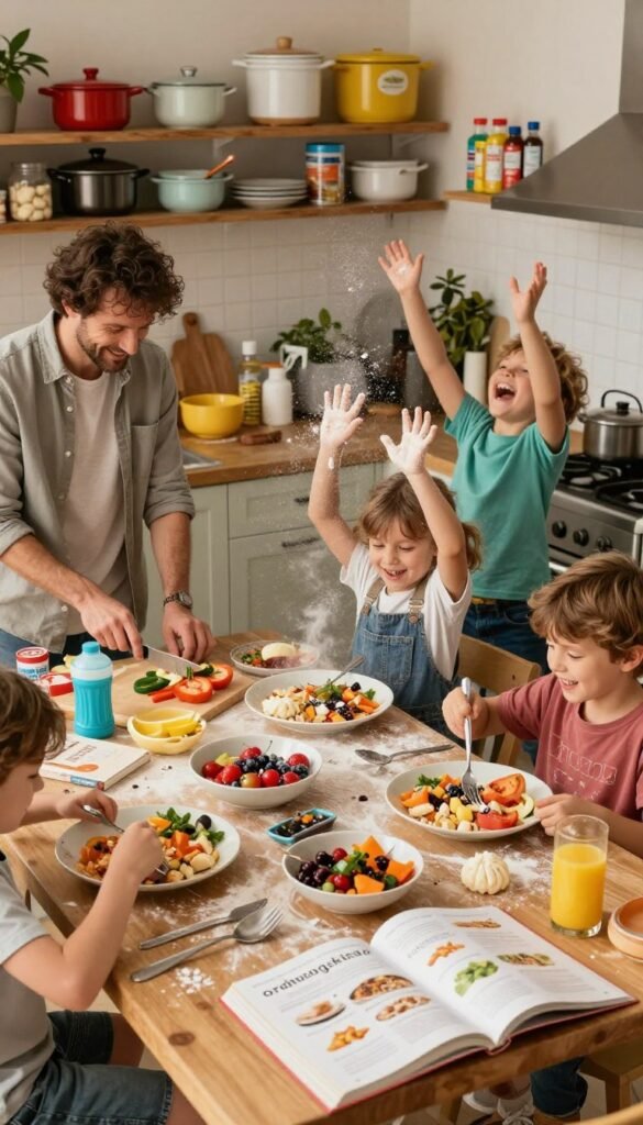 A chaotic family kitchen scene filled with vibrant colors and warm lighting, capturing the essence of daily life. In the foreground, a table cluttered with half-prepared meals, scattered utensils, and open cookbooks, showcasing a whirlwind of cooking activity. To the left, a parent in modest casual clothing attempts to juggle several tasks, from chopping vegetables to supervising children. In the middle, playful children are creating a mess, flour dust in the air, and laughter filling the scene. The background features shelves overflowing with cookware and pantry items, hinting at organizational challenges. Use a slightly elevated angle, focusing on the dynamic atmosphere of family life. The overall mood conveys a sense of lively chaos and authenticity, reminiscent of a Pinterest-style home, with the brand name "Ordnungskiste" subtly integrated into the environment.