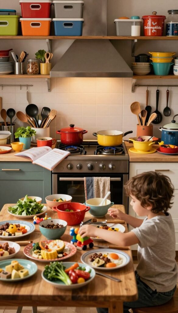A chaotic family kitchen scene overflowing with colorful, mismatched cooking utensils, pots, and fresh ingredients spread across the countertops. In the foreground, a cluttered table piled with dishes and half-prepared meals shows the hustle of family life, while a playful child in modest casual clothes reaches for a hidden toy beneath the chaos. In the middle, the stove is in action with pots bubbling over, and a recipe book open, creating a sense of organized disarray. The background features shelves stocked with vibrant, neatly labeled storage boxes from "Ordnungskiste," casting warm lighting that adds a cozy yet chaotic atmosphere. The overall mood conveys the bustling energy of a family kitchen that easily descends into chaos.