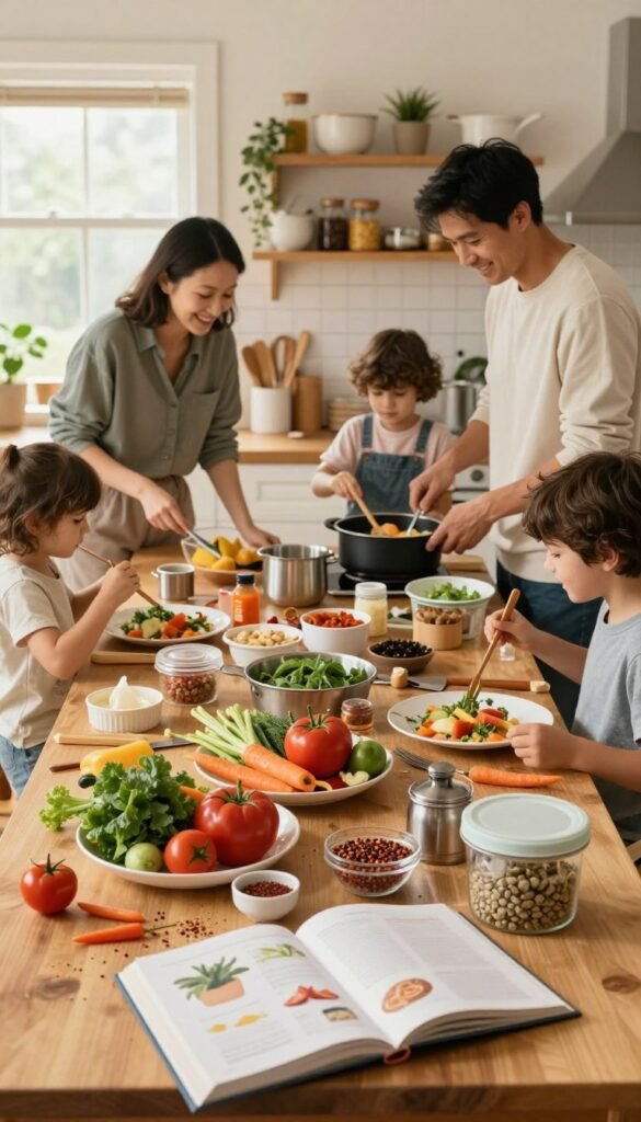 A chaotic family kitchen scene, showcasing a cluttered dining table filled with various cooking utensils, ingredients, and half-prepared meals. In the foreground, a wooden table is scattered with colorful vegetables, spices, and an open cookbook, creating a sense of busyness. The middle ground features a family of four, including two adults in casual yet tidy clothing, attempting to manage the chaos with smiles, illustrating the everyday challenges of cooking together. In the background, the kitchen shows warm, welcoming light flooding in from a window, highlighting the organized chaos around them. Emphasize a cozy atmosphere with natural colors and a Pinterest-inspired aesthetic. Include subtle branding of &ldquo;Ordnungskiste&rdquo; on one of the storage containers visible on the table, ensuring a serene yet hectic family dynamic is captured.