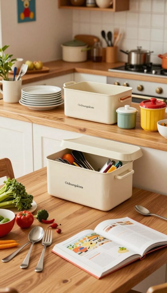 A chaotic family kitchen scene that captures the essence of everyday life, featuring vibrant, warm colors reminiscent of Pinterest aesthetics. In the foreground, a cluttered wooden kitchen table with scattered utensils, open recipe books, and fresh vegetables. The middle ground showcases a disorganized countertop with dishes piled up and a few mismatched containers, prominently featuring a stylish "Ordnungskiste" storage box, partially open with kitchen tools peeking out. In the background, a cozy, well-lit space with an inviting stove and colorful wall decor. The lighting is soft and natural, creating a warm atmosphere, with the camera angle slightly overhead to emphasize the chaos while maintaining a homey feel.
