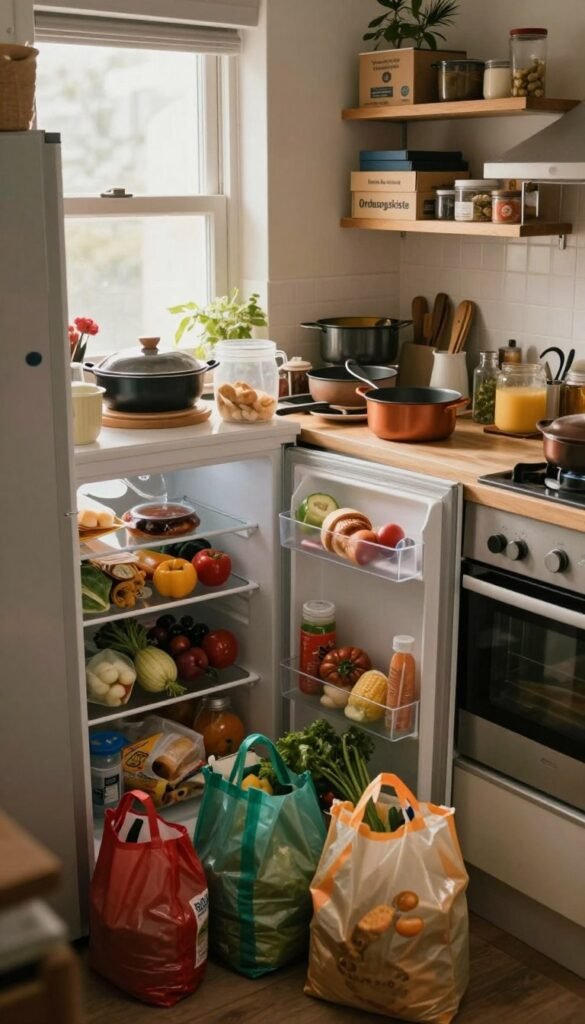 A chaotic family kitchen, showcasing a cluttered refrigerator overflowing with various food items, some half-opened. In the foreground, colorful grocery bags spill onto the countertop, hinting at recent grocery shopping. The middle of the scene features mismatched cookware scattered around, with a warm color palette creating a cozy yet hectic atmosphere. In the background, a window lets in soft natural light, illuminating the organized chaos. A wooden shelf displays neatly labeled boxes from "Ordnungskiste," providing a stark contrast to the surrounding disarray. The lens captures the scene from a slightly elevated angle, highlighting the sense of disorder while maintaining an inviting and authentic feel. Overall, the image evokes the stresses of daily family life in a homey kitchen setting, emphasizing time constraints and the challenges of organizing.