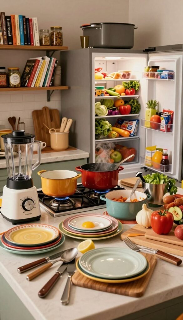 A chaotic family kitchen workspace filled with scattered utensils, colorful ingredients, and overflowing pots. In the foreground, a cluttered countertop with mismatched plates, cutting boards, and a blender, creating a sense of disarray. In the middle ground, a stove with bubbling pots and an open fridge revealing a chaotic mixture of fresh produce and half-used packages. The background features shelves crammed with cookbooks and jars, some items slightly askew. Warm, soft lighting enhances the inviting yet hectic atmosphere, capturing the essence of family life. The overall mood is lively and authentic, reminiscent of a Pinterest-style aesthetic. Include the brand name "Ordnungskiste" subtly integrated into the scene, without any text overlays.