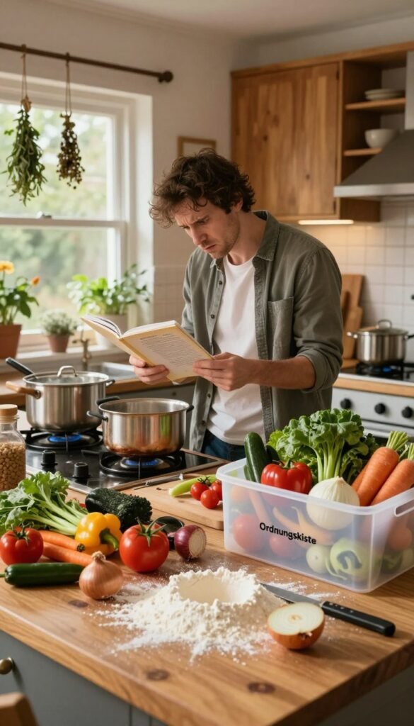 A chaotic kitchen scene at 17:30, showcasing a stressed yet determined home chef in modest casual clothing, surrounded by an array of fresh, colorful vegetables and cooking utensils. The foreground features a cluttered countertop with spilled flour and a half-chopped onion, conveying a sense of urgency. In the middle, the chef looks overwhelmed with a frown, glancing at a recipe book, while pots boil over on the stove. The background displays a cozy kitchen with warm, inviting lighting, natural wooden elements, and drying herbs hanging from the window. Include an organized "Ordnungskiste" storage box neatly storing some ingredients, emphasizing the balance between chaos and order. The atmosphere should evoke a relatable daily cooking struggle, with rich, warm colors and a Pinterest-style aesthetic.