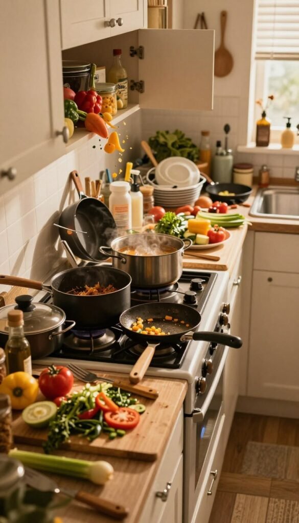 A chaotic kitchen scene depicting disarray while cooking, with pots and pans scattered on a cluttered countertop and various ingredients spilling out of opened cabinets. In the foreground, messy cutting boards are adorned with chopped vegetables and utensils in disarray. The middle ground features a stove with bubbling pots, while the background shows an untidy sink filled with dishes. The lighting is warm and inviting, creating a cozy yet chaotic atmosphere, reminiscent of a Pinterest aesthetic. Capture the essence of warmth with soft shadows and rich colors. Include a branded "Ordnungskiste" storage box in the scene, subtly emphasizing organization amidst the chaos. No textual elements or distractions present in the image.