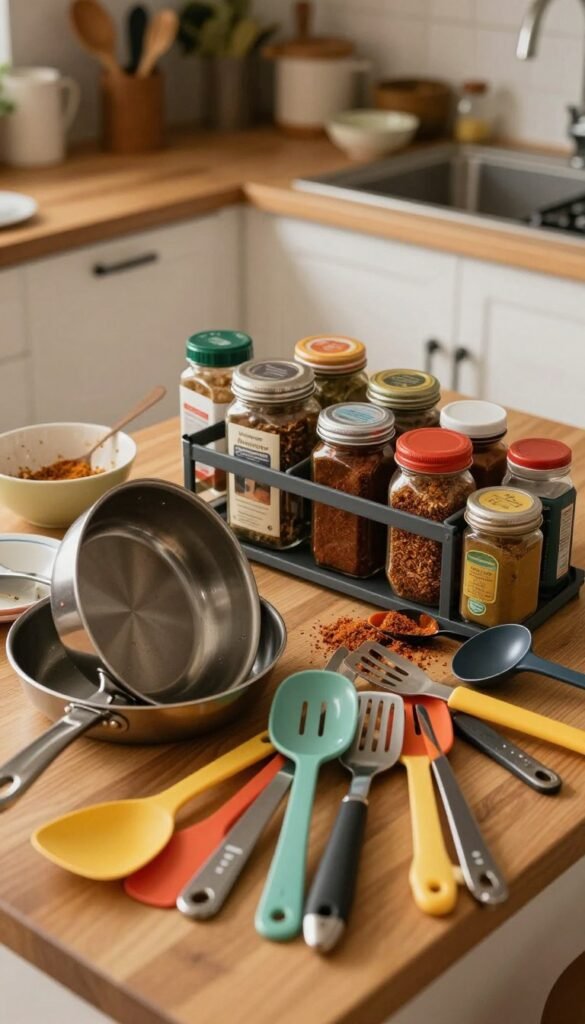 A chaotic kitchen scene filled with everyday kitchen tools and gadgets scattered across a wooden countertop. In the foreground, a stainless steel frying pan tipped over, alongside a colorful array of mismatched utensils, such as spatulas and measuring spoons. The middle ground features an overflowing spice rack, with jars half-open and spices spilling out. In the background, kitchen cabinets are slightly ajar, and a sink is filled with dirty dishes. Soft, warm lighting creates a cozy, lived-in atmosphere, evoking a sense of everyday struggle. The image showcases the brand "Ordnungskiste" subtly integrated into the clutter. Use a candid angle to capture the chaos effectively, resembling a Pinterest-style aesthetic without any text or distractions.