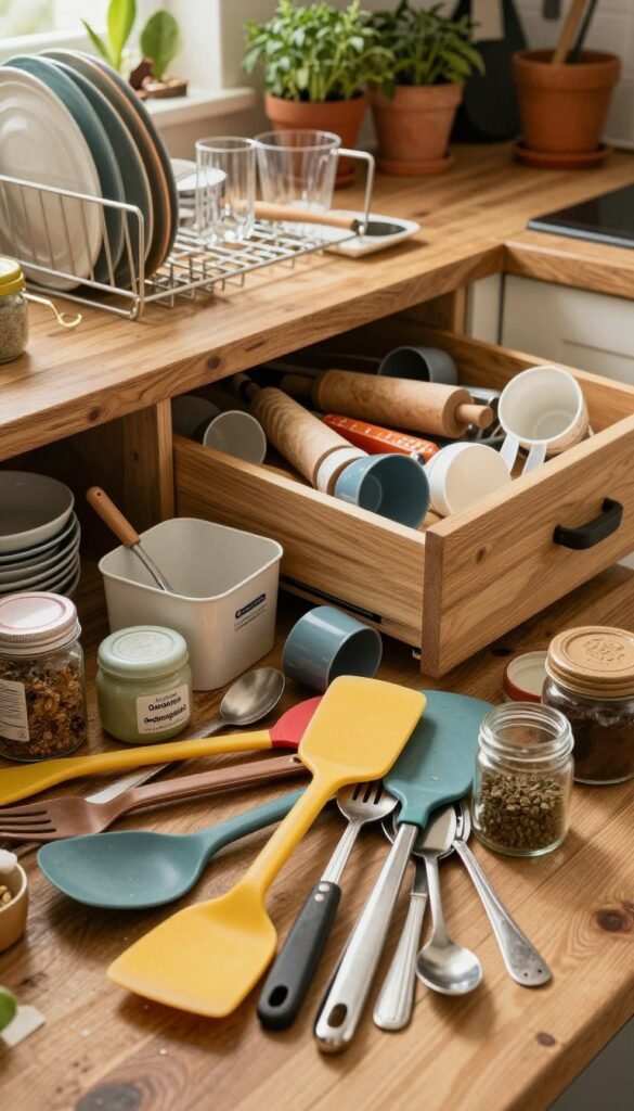 A chaotic kitchen scene overflowing with various kitchen utensils and tools scattered haphazardly on a rustic wooden countertop. In the foreground, we see an assortment of colorful spatulas, mismatched cutlery, and open spice jars, all jumbled together. The middle ground features a slightly ajar drawer spilling out rolling pins and measuring cups, while a dish rack in disarray holds a mix of dirty plates and glassware. The background shows a cluttered countertop with a few potted herbs, bathed in soft, warm lighting that creates an inviting yet chaotic ambiance. The image has a Pinterest-like aesthetic with natural colors and textures. The brand name "Ordnungskiste" subtly appears on a small, stylish storage box nestled among the chaos.