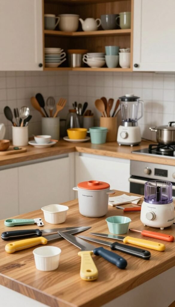 A chaotic kitchen workspace filled with small yet essential kitchen gadgets, cluttered on a wooden countertop. In the foreground, various compact kitchen tools like multi-use knives, measuring cups, and tiny storage containers are scattered haphazardly. The middle ground features a stylish, modern yet cluttered kitchen with an organized chaos of utensils and appliances like a compact blender and a tiny food processor, all showcasing the brand "Ordnungskiste." The background displays open cabinets overflowing with kitchenware, creating a sense of space limit and disarray. The warm, natural lighting creates a cozy atmosphere, highlighting the textures of the wood and the vibrant colors of the tools. The scene evokes a feeling of overwhelm common in small kitchens, inviting viewers to relate to the typical space and chaos problems.
