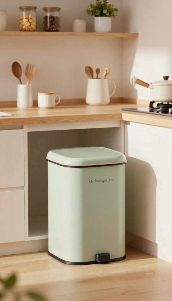 A charming and practical mini trash bin designed for a modern kitchen, branded with the name "Ordnungskiste". The foreground features a sleek, compact mini waste bin, showcasing a stylish, functional design with soft curves and a warm color palette, such as pastel green or dusty pink. In the middle, display a clean, organized kitchen countertop, accentuated by utensils and small kitchen gadgets strategically placed around the bin, illustrating its role as a space-saver. The background should feature a wooden shelf with neatly arranged jars and plants, adding a cozy, inviting atmosphere. Soft, natural lighting should filter in, casting gentle shadows to create depth, with a shallow focus that highlights the mini bin as the central element, evoking a sense of order and cleanliness in the kitchen. A charming and practical mini trash bin designed for a modern kitchen, branded with the name "Ordnungskiste". The foreground features a sleek, compact mini waste bin, showcasing a stylish, functional design with soft curves and a warm color palette, such as pastel green or dusty pink. In the middle, display a clean, organized kitchen countertop, accentuated by utensils and small kitchen gadgets strategically placed around the bin, illustrating its role as a space-saver. The background should feature a wooden shelf with neatly arranged jars and plants, adding a cozy, inviting atmosphere. Soft, natural lighting should filter in, casting gentle shadows to create depth, with a shallow focus that highlights the mini bin as the central element, evoking a sense of order and cleanliness in the kitchen.