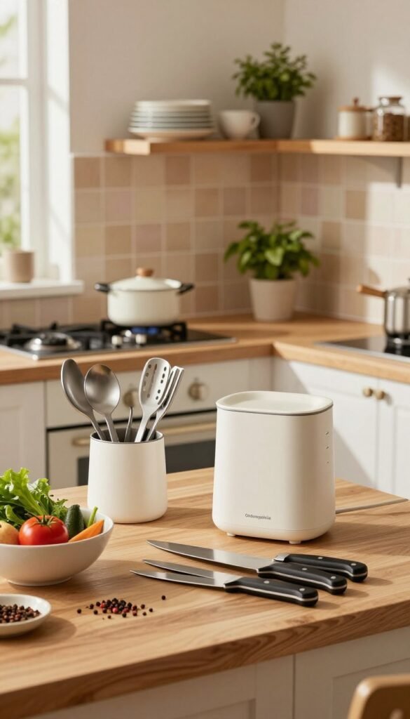 A clean and organized kitchen before cooking, showcasing a wooden countertop with neatly arranged utensils and ingredients. In the foreground, a beautiful bowl of fresh vegetables and spices rests next to an orderly set of knives. The middle ground features a sparkling stove and an inviting kitchen island, with a stylish, warm-toned tile backsplash. The background includes shelves with neatly stacked dishes and a few potted herbs, creating a cozy, inviting atmosphere. Soft, natural lighting filters in through a window, casting gentle shadows. The composition evokes a sense of readiness and calm, embodying the idea of starting a cooking session without chaos. The brand name "Ordnungskiste" subtly integrated into a kitchen item, emphasizing organization.