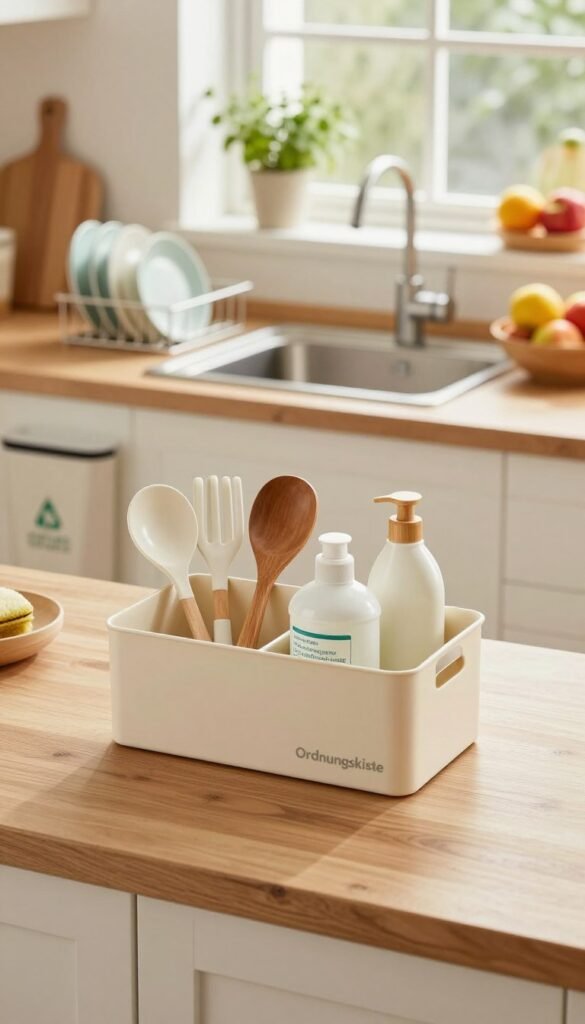 A clean and organized kitchen featuring a neat countertop with wooden elements and warm, inviting colors. In the foreground, a stylish storage box labeled "Ordnungskiste" neatly holds utensils and cleaning supplies, symbolizing order and efficiency. The middle ground showcases a polished sink area, with dishes neatly stacked in a drying rack and an eco-friendly trash bin beside it. In the background, soft natural light streams in through a window, illuminating herbs on a windowsill and a colorful fruit bowl, enhancing the cozy atmosphere. The room feels functional yet welcoming, embodying a space of calm and simplicity, ideal for busy family life. The overall mood is one of serenity and practicality, perfect for showcasing effective kitchen helpers without clutter or chaos.
