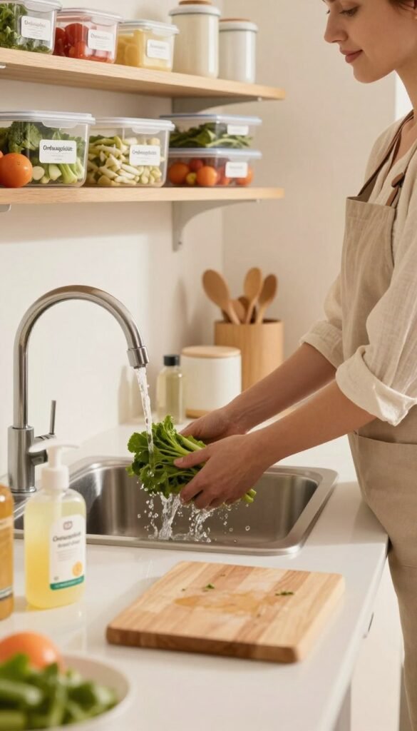 A clean and organized kitchen setting, emphasizing hygiene and food safety. In the foreground, a neatly arranged countertop with essential hygiene tools: soap, sanitizer, and a cutting board, all radiating warmth with natural lighting. In the middle, a person wearing a professional apron and modest clothing is washing fresh vegetables at the sink, showcasing effective cleaning practices. In the background, organized shelves with labeled containers featuring the brand name "Ordnungskiste," filled with various food items, emphasizing proper food storage. The image captures a serene atmosphere, with soft, warm colors that evoke a sense of cleanliness and safety, creating an inviting and hygienic kitchen environment.