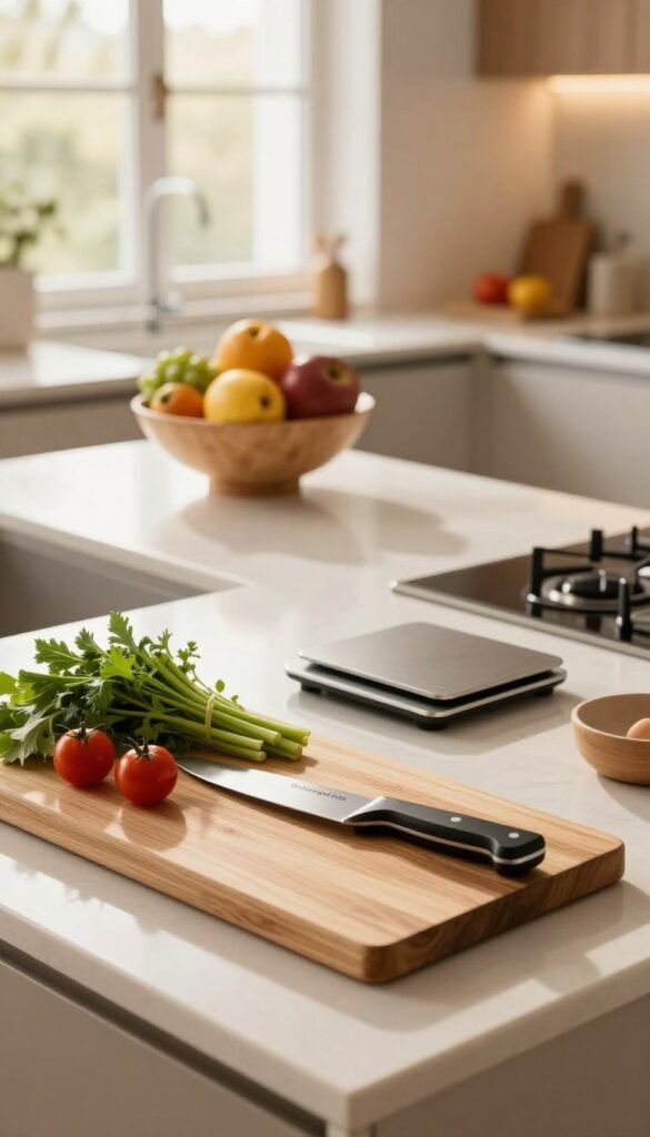 A clean and organized kitchen workspace featuring a modern, minimalist kitchen island. The foreground showcases a neatly arranged wooden cutting board with fresh vegetables, a vibrant bouquet of herbs, and an elegant knife set from the brand "Ordnungskiste", emphasizing functionality and style. In the middle, a gleaming countertop with a stylish fruit bowl filled with colorful fruits and a digital kitchen scale, highlighting the importance of maintaining a clear work area. The background depicts soft, warm lighting from large windows, illuminating the space and creating a welcoming atmosphere. The overall mood is calm and serene, inviting creativity while cooking, captured from a slightly elevated angle for depth. The design is Pinterest-worthy, incorporating natural elements and a cozy palette, ensuring an authentic and practical representation of an organized kitchen.