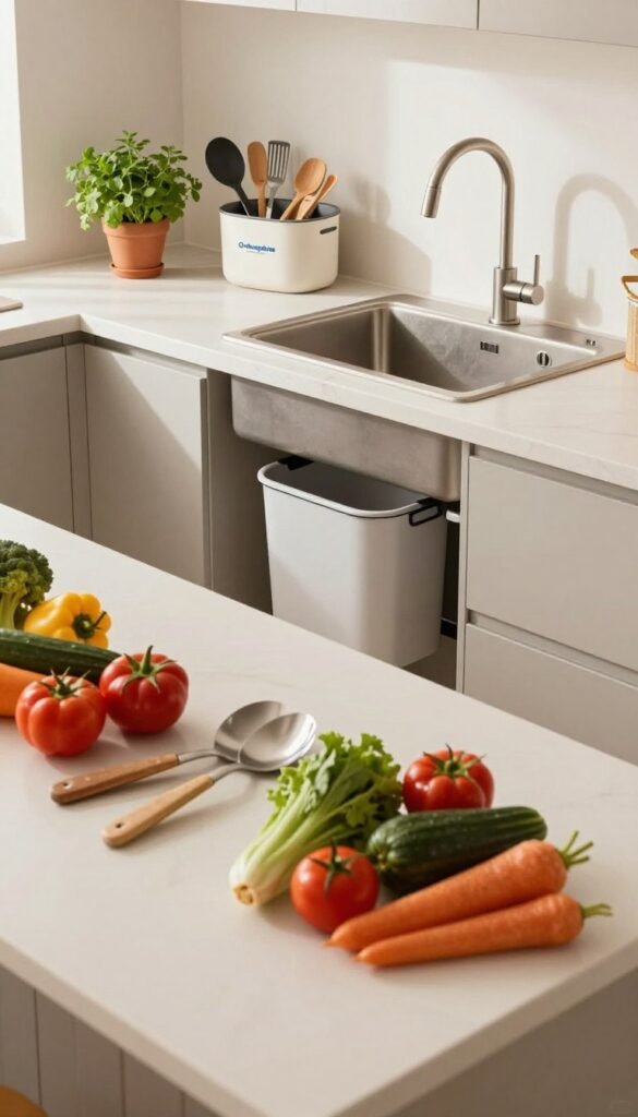 A clean and organized kitchen workspace featuring a spacious countertop that showcases a minimalist layout. In the foreground, a neatly arranged assortment of cooking utensils and vibrant vegetables add color and life. The middle area highlights a modern sink with a stylish faucet, accompanied by an unobtrusive waste bin. Soft, natural lighting creates a warm and inviting atmosphere, while potted herbs add a touch of greenery nearby. In the background, a container branded "Ordnungskiste" holds cooking essentials, emphasizing organization. The scene is captured with a slightly elevated angle to provide depth, creating a Pinterest-worthy aesthetic that inspires a sense of calm and efficiency in cooking.