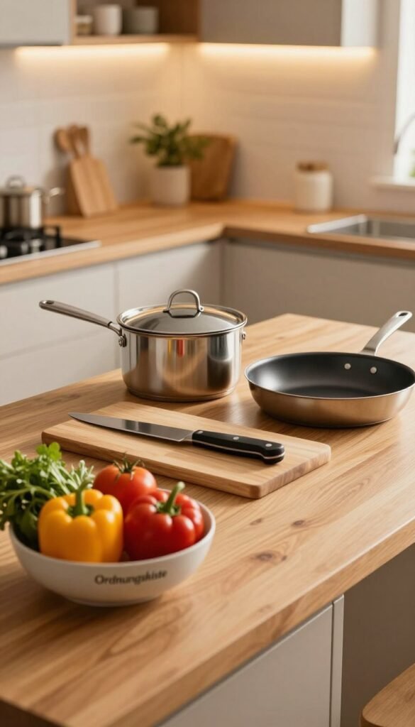 A clean and organized kitchen workspace, featuring a wooden countertop with various cooking tools neatly arranged. In the foreground, there’s a beautifully curated set of colorful vegetables, like bell peppers, tomatoes, and herbs, in a stylish bowl branded with "Ordnungskiste." The middle ground includes a cutting board with a chef's knife, and a gleaming pot and pan sit beside it, showcasing a sense of preparation and cleanliness. The background reveals a softly lit kitchen with warm, inviting tones, wooden cabinetry, and subtle kitchen decor, creating a cozy atmosphere that encourages cooking. The lighting is soft and natural, mimicking a late afternoon glow, enhancing the warmth and appeal of the workspace.