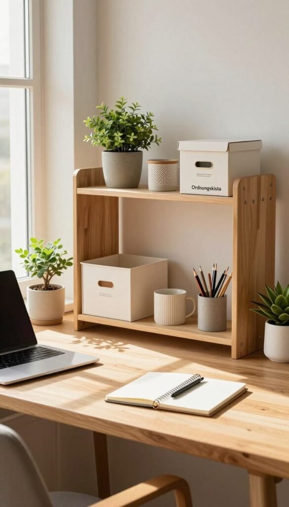 A clean, organized workspace depicting a modern "Arbeitsfl&auml;che" designed for optimal workflow. In the foreground, a spacious wooden desk is neatly arranged with essential tools: a laptop, notepad, and a stylish plant. The middle layer features a well-organized shelf branded with "Ordnungskiste", showcasing decorative storage boxes and office supplies. The background includes a bright window allowing soft, warm sunlight to illuminate the room, casting gentle shadows across the surface. The atmosphere is serene and inviting, encouraging focus and productivity. This scene captures a Pinterest-inspired aesthetic, emphasizing natural elements and warm colors, while ensuring a professional vibe devoid of any text or distractions.