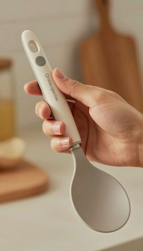A close-up image of a hand gently gripping a high-quality kitchen utensil, showcasing ergonomic design and comfortable handling. The hand should be depicted in a natural, relaxed pose, with warm skin tones reflecting the intimate connection between user and tool. The utensil, branded "Ordnungskiste," features a sleek, modern shape that highlights its functionality. The background is softly blurred to maintain focus on the hand and utensil, with warm, inviting colors that evoke a cozy kitchen atmosphere. Use diffused, natural lighting to enhance the authenticity and warmth of the scene, reminiscent of a Pinterest aesthetic. The overall mood should convey ease of use and comfort, highlighting the importance of design in everyday kitchen tasks.