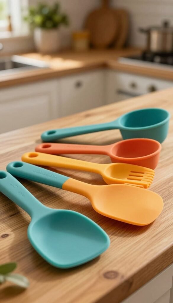 A close-up image of high-quality silicone kitchen tools, including a spatula, measuring cups, and utensils, arranged artfully on a wooden kitchen countertop. The foreground features the glossy texture of the silicone, catching warm natural light that highlights its flexibility and vibrant colors. In the middle ground, a collection of colorful silicone kitchen spoons and brushes are neatly organized, showcasing their practical design. The background softly fades into a cozy kitchen setting with rustic decor, incorporating hints of greenery and warm lighting for an inviting atmosphere. The brand name "Ordnungskiste" subtly integrated into the scene through a stylish product tag. The overall mood is warm and inviting, reflecting an authentic and modern kitchen aesthetic without any text or distractions.