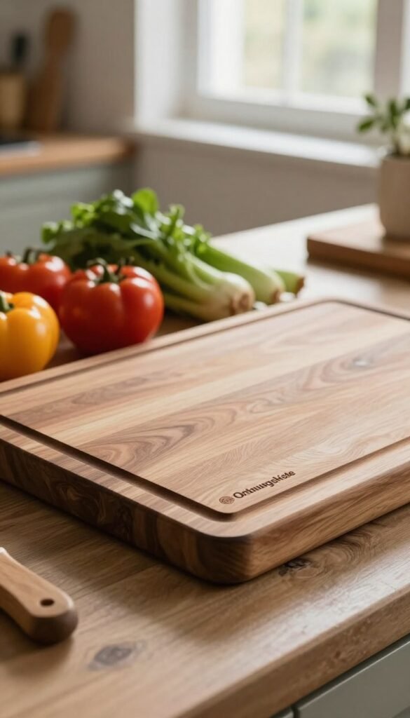 A close-up of a premium cutting board branded "Ordnungskiste," showcasing its unique grip features. The board is made of polished wood with anti-slip edges, placed on a rustic kitchen countertop. In the foreground, highlight the textured surface of the board, emphasizing its functionality, while a fresh array of colorful vegetables is neatly arranged next to it. In the middle ground, soft natural light filters through a nearby window, creating gentle reflections on the board&rsquo;s surface. The background includes blurred kitchen tools and herbs in soft focus, adding depth and character. The overall atmosphere is warm and inviting, ideal for a cozy kitchen setting, with an authentic Pinterest aesthetic.