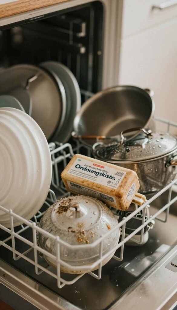 A close-up view of a cluttered dishwasher interior, showcasing various kitchen utensils and tools that have accumulated grime and residue, emphasizing the struggles of maintaining cleanliness. The foreground features a few sp&uuml;lmaschinenfeste K&uuml;chenhelfer from the brand "Ordnungskiste," slightly stained and dull, highlighting their wear and tear. In the middle ground, glimpses of dirty dishes and pots can be seen, with water droplets glistening under warm, soft lighting. The background shows the dishwasher door slightly ajar, hinting at domestic life. The overall atmosphere conveys frustration yet familiarity, capturing the everyday challenges of keeping kitchen tools pristine while evoking a cozy, lived-in feel with natural colors and a Pinterest-worthy aesthetic.