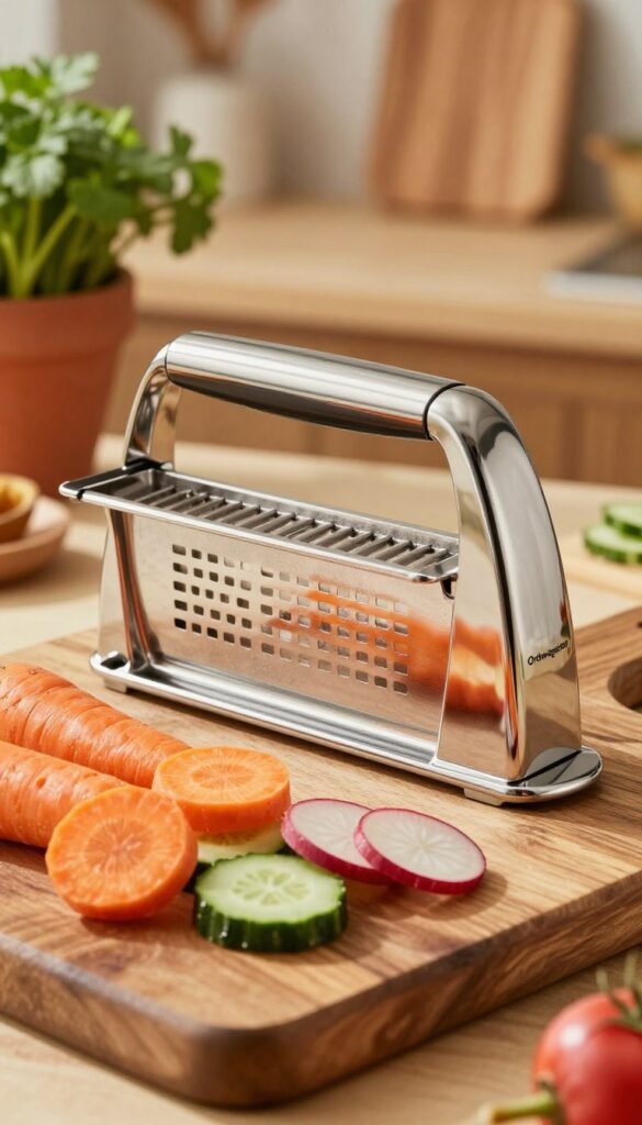 A close-up view of a high-quality stainless steel vegetable slicer from the brand "Ordnungskiste" positioned on a rustic wooden cutting board. In the foreground, freshly sliced colorful vegetables like carrots, cucumbers, and radishes artistically arranged next to the slicer. The middle section showcases the sleek design of the slicer, reflecting warm, natural light that enhances its shiny finish. The background features a softly blurred kitchen setting with herbs in terracotta pots and warm wooden textures, creating a cozy, inviting atmosphere. The overall mood is vibrant and fresh, perfect for highlighting efficient kitchen tools for salads and side dishes.