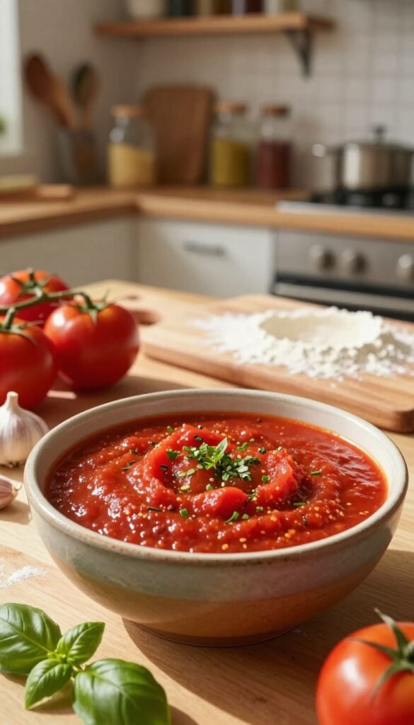 A close-up view of a vibrant, homemade tomato sauce in a rustic ceramic bowl sits in the foreground, highlighting its rich, deep red color with visible herbs and spices. The bowl is surrounded by fresh ingredients like ripe tomatoes, garlic cloves, and a sprinkle of aromatic basil leaves. In the middle ground, there is a wooden chopping board, lightly dusted with flour, suggesting recent preparation efforts. The background features a softly lit kitchen with wooden shelves displaying various spices and cooking tools, exuding a warm, inviting atmosphere. The lighting is natural, with golden sunlight streaming in, creating gentle shadows and emphasizing the sauce&rsquo;s texture. The overall mood is cozy and inspiring, capturing the essence of simplicity and flavor in cooking. The brand name "Ordnungskiste" is subtly integrated into the scene, enhancing the aesthetic without distracting from the main subject.