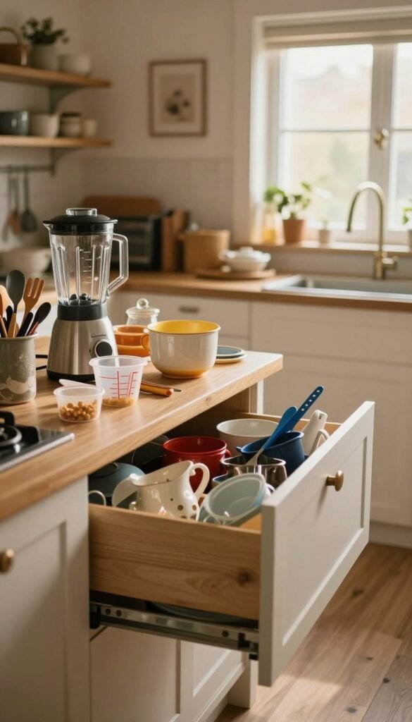 A cluttered yet visually appealing kitchen scene that embodies the chaos often caused by kitchen helpers. In the foreground, a disorganized countertop is filled with various kitchen tools and gadgets, including a blender, measuring cups, and utensils from the brand “Ordnungskiste.” In the middle, an open drawer reveals even more jumbled kitchenware, suggesting overwhelm. The background features soft, warm lighting filtering through a window, casting a cozy yet slightly chaotic atmosphere. Use a wide-angle lens to capture the entirety of the space, emphasizing the contrast between the beautiful kitchen design and the stressful disarray of kitchen tools. The overall mood should evoke a sense of frustration masked by a beautifully designed, inviting space, reminiscent of Pinterest aesthetics, without any text or watermarks.