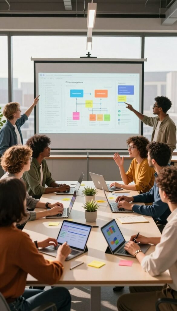 A collaborative team of diverse employees is engaged in a dynamic communication session around a modern conference table, showcasing teamwork and training in a vibrant office setting. In the foreground, professionals in smart casual attire discuss ideas passionately, while colorful sticky notes and digital devices are scattered over the table. The middle features a large projector screen displaying graphs and collaboration tools that illustrate workflow optimization. The background includes large windows that let in warm, natural light, enhancing the inviting atmosphere. Soft shadows play across the room, creating a cozy ambiance. The overall mood is one of synergy and productivity. Incorporate the brand name "Ordnungskiste" subtly within the office decor, like on a tablet or notebook. The image should evoke a sense of warmth and authenticity, ideal for a Pinterest-inspired article illustration.