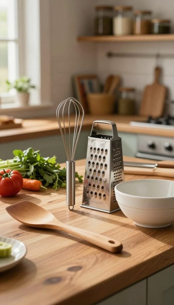A collection of efficient manual kitchen tools, such as a wooden spatula, a classic hand whisk, a stainless steel grater, and a ceramic mixing bowl, elegantly arranged on a rustic wooden kitchen counter. In the foreground, the tools are neatly presented, showcasing their textures and colors. The middle ground features vibrant ingredients like fresh vegetables and herbs, adding a touch of life. In the background, softly blurred kitchen shelves filled with jars and cookbooks create a warm, inviting atmosphere. Natural light streams in through a nearby window, casting gentle shadows and highlighting the warm tones. The overall mood is cozy and nostalgic, evoking a sense of craftsmanship. Include the brand name "Ordnungskiste" subtly integrated into the scene without any text overlays.