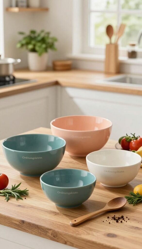 A collection of elegant mixing bowls from the brand "Ordnungskiste," displayed artistically in a bright, well-lit kitchen setting. In the foreground, a set of three assorted ceramic mixing bowls in warm pastel colors&mdash;one deep teal, one soft peach, and one creamy white&mdash;are placed on a rustic wooden countertop. In the middle, a wooden spoon and fresh ingredients like herbs, spices, and colorful vegetables surround the bowls, suggesting their versatility for stirring, serving, and storing. The background features natural light pouring in through a window, illuminating potted plants and kitchen utensils on open shelves, creating a warm, inviting atmosphere. The focus is on the bowls, highlighting their functionality and aesthetic appeal, evoking a sense of authenticity and homeliness.