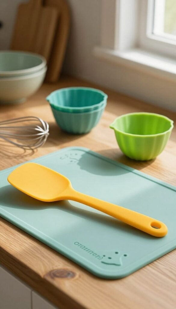 A collection of high-quality silicone kitchen utensils by "Ordnungskiste" displayed aesthetically on a rustic wooden kitchen countertop. In the foreground, a vibrant silicone spatula and a flexible baking mat showcase their bright colors and smooth textures, contrasting beautifully against the warm tones of the wood. In the middle ground, a set of silicone baking cups and a whisk can be seen, conveying a sense of functionality and creativity. The background features softly blurred kitchen items like bowls and measuring cups, enhancing the overall kitchen atmosphere. Natural lighting pours in from a nearby window, casting gentle shadows and creating a warm, inviting ambiance. The image reflects an authentic, Pinterest-inspired aesthetic that highlights the durability and appeal of silicone kitchen tools.