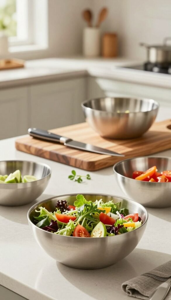 A collection of high-quality stainless steel bowls, elegantly arranged in a well-lit kitchen setting. In the foreground, a large bowl filled with a vibrant salad featuring fresh greens, tomatoes, and colorful vegetables, surrounded by smaller bowls with prepared ingredients ready for cooking. The middle ground showcases a wooden cutting board with chef's knives and herbs, while the background features softly blurred kitchen cabinets and warm, natural lighting coming from a window, enhancing the inviting atmosphere. The scene captures efficiency and sophistication, embodying the essence of professional kitchen tools by the brand "Ordnungskiste." The overall mood is warm and inspiring, inviting viewers to appreciate both aesthetics and functionality without any text or distractions.