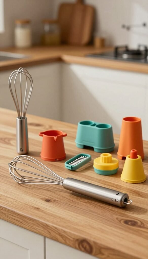 A collection of interchangeable kitchen tools and gadgets, featuring ergonomic designs and vibrant colors, arranged on a wooden kitchen counter. In the foreground, focus on a sleek, multi-functional kitchen helper with changeable attachments, showcasing a whisk, peeler, and slicer. The middle ground includes various colorful interchangeable components neatly displayed, highlighting their versatility. The background should be a softly blurred modern kitchen with warm lighting, emphasizing a cozy atmosphere. Natural textures and Pinterest-inspired styling evoke authenticity. The brand name "Ordnungskiste" is subtly integrated into the arrangement of tools. Aim for a visually appealing and inviting composition, capturing the essence of practicality and innovation in kitchen design.
