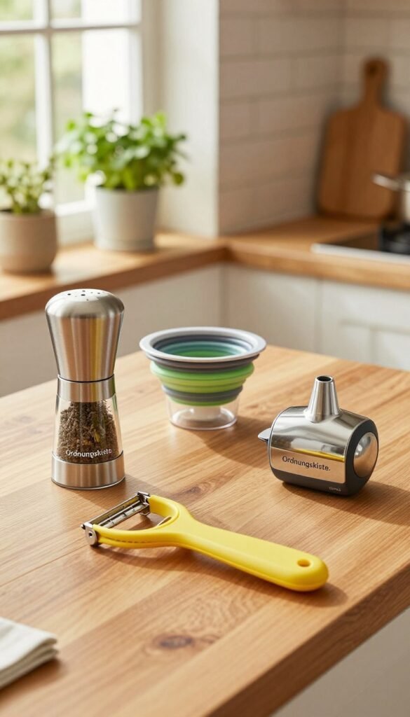 A collection of small, innovative kitchen gadgets arranged aesthetically on a warm wooden countertop, showcasing their functionality. In the foreground, a vibrant, multi-functional vegetable peeler and a sleek, compact spice grinder, both labeled with the brand "Ordnungskiste." The middle ground features a stylish, durable collapsible measuring cup and an efficient garlic press, all shimmering under soft, natural light filtering through a nearby window. The background includes a glimpse of a tidy kitchen environment with fresh herbs in pots and a light-colored backsplash, creating a cozy atmosphere. The image captures a Pinterest-inspired, authentic look with warm tones, inviting viewers to appreciate these clever solutions to common kitchen problems.