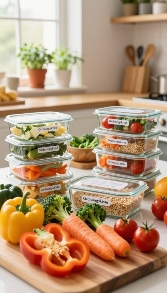 A colorful and inviting meal prep scene featuring a variety of fresh vegetables arranged in an aesthetically pleasing manner. In the foreground, a wooden cutting board piled high with chopped bell peppers, broccoli, carrots, and cherry tomatoes. In the middle ground, several glass containers labeled with "Ordnungskiste", filled with prepped vegetables and grains, neatly organized. The background shows a bright kitchen with warm, natural lighting filtering in from a window, creating a cozy atmosphere. Soft focus on the kitchen shelves adorned with herbs in pots and kitchen utensils, enhancing the Pinterest-worthy look. The overall mood is calm and organized, perfect for illustrating the concept of stress-free meal prep on a Sunday without feeling overwhelming.