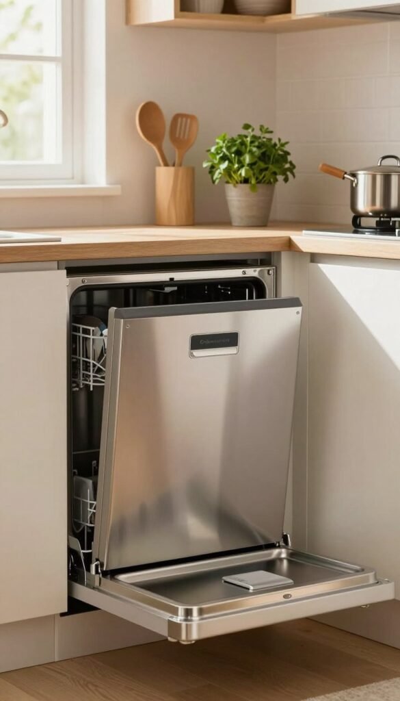 A compact 'Ordnungskiste' dishwasher sits elegantly in a modern, small kitchen, emphasizing its efficient design. In the foreground, the dishwasher showcases its sleek stainless-steel finish, reflecting soft, ambient lighting. In the middle ground, the countertop is adorned with neatly arranged kitchen utensils and a small potted herb, adding a touch of life. The background features minimalistic cabinetry and warm, inviting colors, enhancing the overall coziness of the space. Natural light filters in through a window, creating a bright, inviting atmosphere. The composition captures a Pinterest-inspired aesthetic, highlighting the practicality and style of compact kitchen appliances without any text or distractions. The scene conveys a sense of order and functionality, perfect for small living spaces.