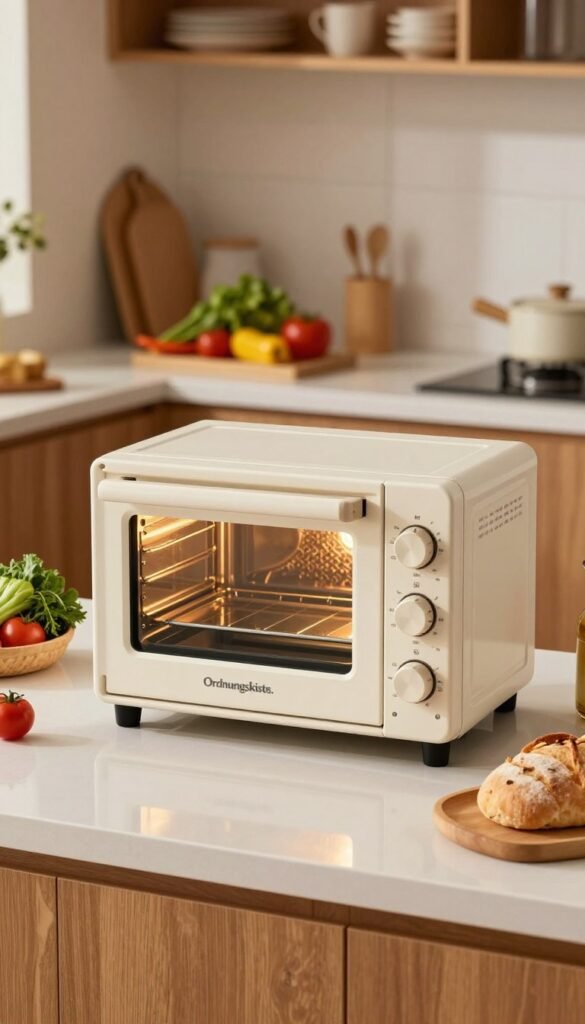 A compact and stylish mini oven, branded "Ordnungskiste," sits prominently on a sleek kitchen countertop. The foreground features the oven with its polished surface reflecting warm lighting from above, showcasing its user-friendly dials and a digital display. In the middle ground, vibrant fresh ingredients like vegetables, herbs, and a rustic loaf of bread surround the oven, emphasizing its culinary capabilities. The background reveals a small but well-organized kitchen space, with tasteful decor, wooden cabinetry, and an inviting ambiance created by soft, natural lighting. The scene captures a cozy, functional atmosphere, ideal for small kitchens, inviting viewers to appreciate efficient cooking solutions. The overall color palette consists of warm hues, creating a Pinterest-inspired aesthetic without any text or overlays.
