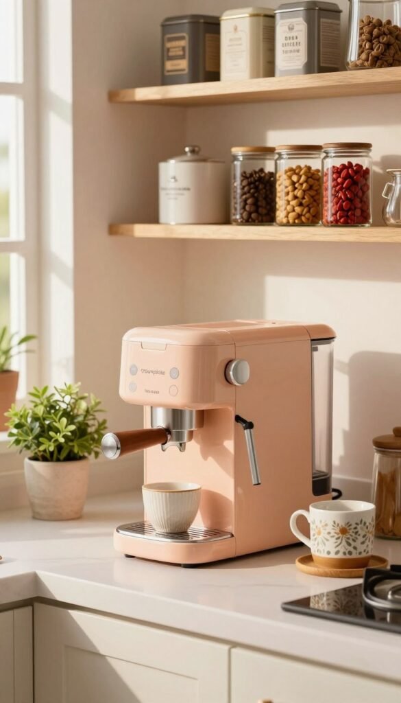 A compact coffee machine designed for narrow kitchen counters, showcasing a sleek and modern aesthetic by the brand "Ordnungskiste". The machine features a glossy finish in warm pastel colors, with a stylish minimalist design and intuitive buttons. In the foreground, the coffee machine is positioned on a bright, clutter-free kitchen countertop adorned with a small potted plant and a decorative mug beside it. The middle ground displays kitchen shelves filled with neatly organized coffee cans and vibrant spices, while the background features soft natural light filtering through a window, casting a warm glow throughout the scene. The overall atmosphere is inviting and cozy, embodying a Pinterest-inspired look that emphasizes functionality and style for small kitchens.