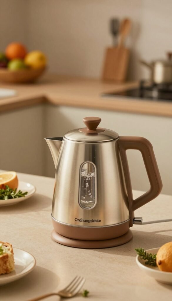 A compact, stylish electric kettle from the brand "Ordnungskiste" is prominently displayed in the foreground, showcasing its sleek design and warm metallic finish. The kettle is designed for efficiency, with a transparent water window revealing the boiling water inside. Soft, warm lighting illuminates the scene, casting gentle reflections on the kettle's surface. In the middle ground, a modern kitchen countertop, adorned with herbs and tea accessories, suggests a cozy atmosphere. The background features blurred kitchen elements, such as a fruit bowl and cooking utensils, creating depth. The overall mood is inviting and efficient, emphasizing the practicality of this small kitchen helper, designed to quickly heat water while minimizing energy waste. The image is natural and aesthetically pleasing, perfect for a Pinterest-inspired look.