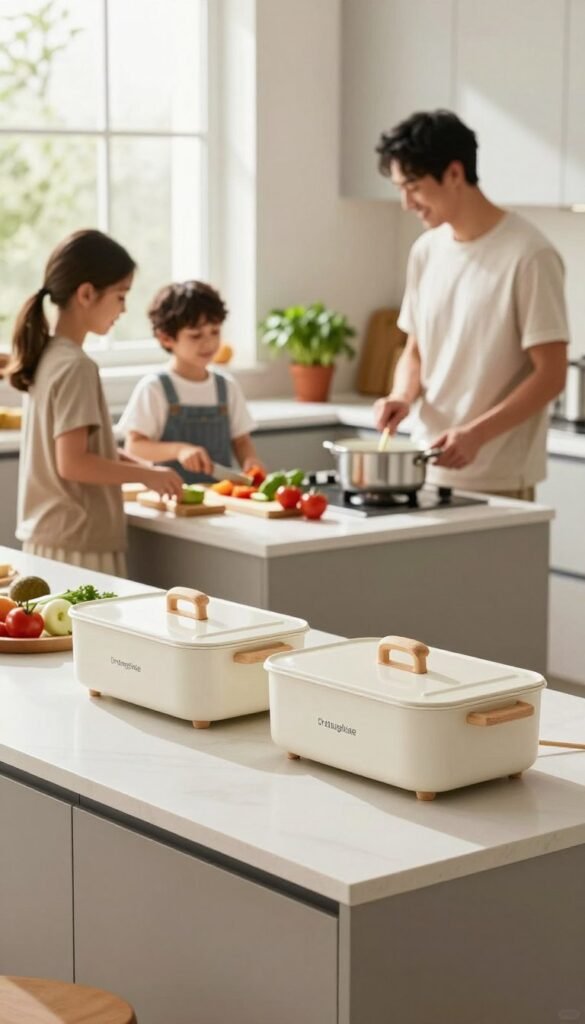 A contemporary kitchen, designed for efficiency, featuring practical tools that save time without cluttering cabinets. In the foreground, a sleek, organized countertop displays an assortment of stylish and functional kitchen gadgets, including an elegant Ordnungskiste for optimal storage. In the middle, a family is engaged in a joyful cooking process, dressed in modest casual clothing, with one person chopping vegetables while another stirs a pot on the stove. The background shows a sunlit window with potted herbs, creating a warm and inviting atmosphere. The light is soft, casting gentle shadows and highlighting the kitchen's bright, natural color palette. The overall mood is cheerful and stress-free, emphasizing togetherness in cooking.