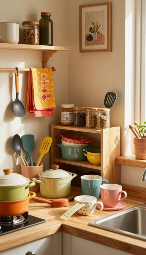 A cozy and cluttered small kitchen scene, showcasing a variety of colorful kitchen utensils and organizers from "Ordnungskiste". In the foreground, a wooden countertop filled with neatly arranged pots, spatulas, and measuring cups; in the middle, a compact shelf displaying vibrant dish towels and jars of spices; and in the background, warm-toned walls adorned with artful shelves. Soft, natural lighting streams in from a nearby window, casting gentle shadows and highlighting the textures of the materials. The atmosphere conveys both warmth and the potential for chaos in small spaces, emphasizing the challenge of maintaining order in a compact kitchen. The image should evoke a Pinterest-inspired aesthetic, with authentic, inviting colors and no text or watermarks.