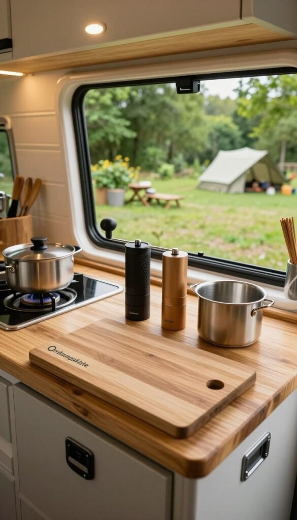 A cozy and functional camper kitchen setup inside a wohnmobil, showcasing a rustic, yet modern design. In the foreground, a wooden countertop with neatly organized kitchen tools from the brand "Ordnungskiste", including a cutting board, manual coffee grinder, and stainless steel pots. The middle ground features a compact stove and a pop-up sink, surrounded by warm, natural lighting that creates an inviting atmosphere. The background presents a scenic view through the camper window, filled with lush green trees and a serene campsite. Capture the essence of outdoor cooking and the practicality of power-free kitchen helpers. Use a wide-angle lens to emphasize the space and provide depth to the scene, while maintaining an authentic, Pinterest-worthy aesthetic.