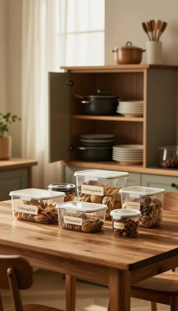 A cozy and inspiring kitchen scene showcasing the concept of "ausmisten ordnung" with a focus on decluttering. In the foreground, a stylish wooden table is filled with neatly arranged kitchen essentials and storage containers labeled "Ordnungskiste" in an elegant font. The middle ground features an open cabinet with organized cookware and neatly stacked plates, reflecting efficiency and simplicity. The background shows a softly lit window with sheer curtains, allowing warm, natural light to flood the space, creating a welcoming atmosphere. The colors are rich and warm, invoking a sense of comfort and harmony. The overall mood is serene and motivating, emphasizing the joy and clarity that comes from a well-organized kitchen.