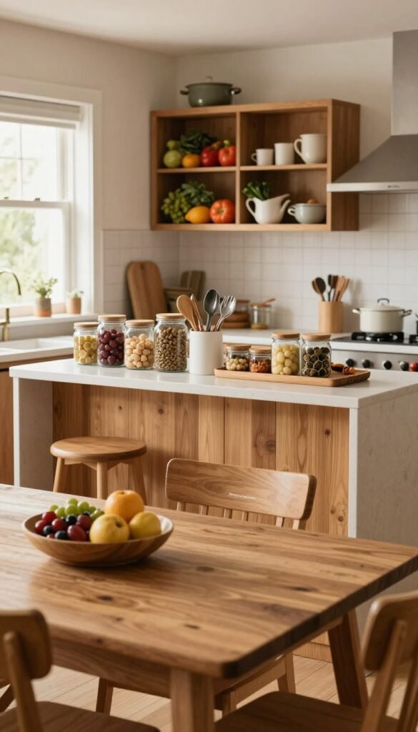 A cozy and inviting family kitchen, designed for systematic organization. In the foreground, a neatly arranged dining table set with natural materials, showcasing a warm, rustic aesthetic. The middle features a large kitchen island with organized jars and utensil containers, prominently displaying the brand name "Ordnungskiste." In the background, warm natural light filters through a window, illuminating wooden cabinets stocked with colorful produce and neatly arranged cooking essentials. The mood is serene and productive, emphasizing a sense of routine over perfection. The scene captures the essence of a family's culinary space, inviting and authentic, with a Pinterest-worthy aesthetic that emphasizes harmony and functionality in everyday cooking.