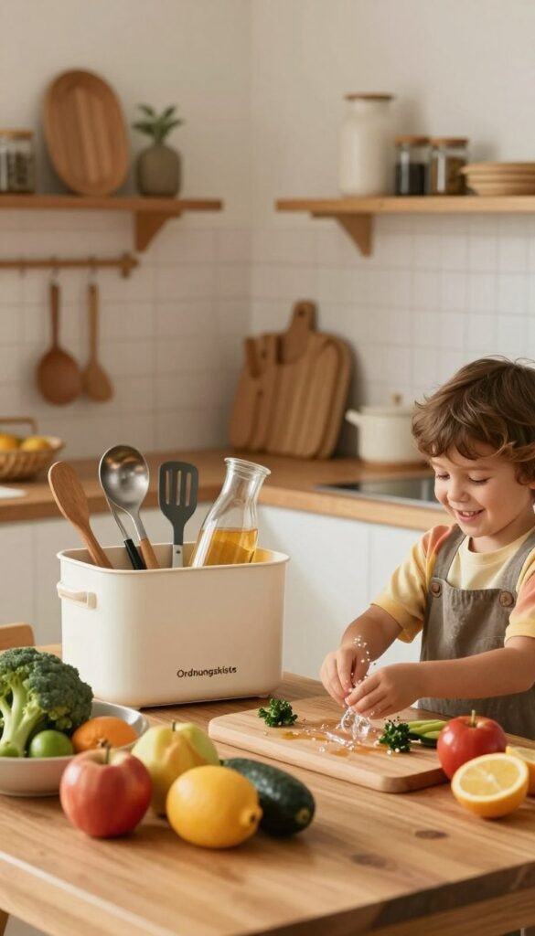 A cozy and inviting family kitchen scene, featuring a cheerful child around 6 years old, engaged in meal preparation, fully absorbed in the process. The child wears colorful, modest casual clothing and has a playful expression, helping to wash vegetables at a wooden kitchen island. In the foreground, vibrant fruits and vegetables are artfully arranged, reflecting a warm atmosphere created by soft, natural lighting. In the middle, a stylish "Ordnungskiste" storage box is prominently displayed, holding kitchen utensils and ingredients. The background features charming kitchen decor with neutral tones and wooden accents, completing the Pinterest-worthy look. The overall mood is warm, encouraging, and harmonious, embodying a perfect balance of family involvement in cooking without stress.